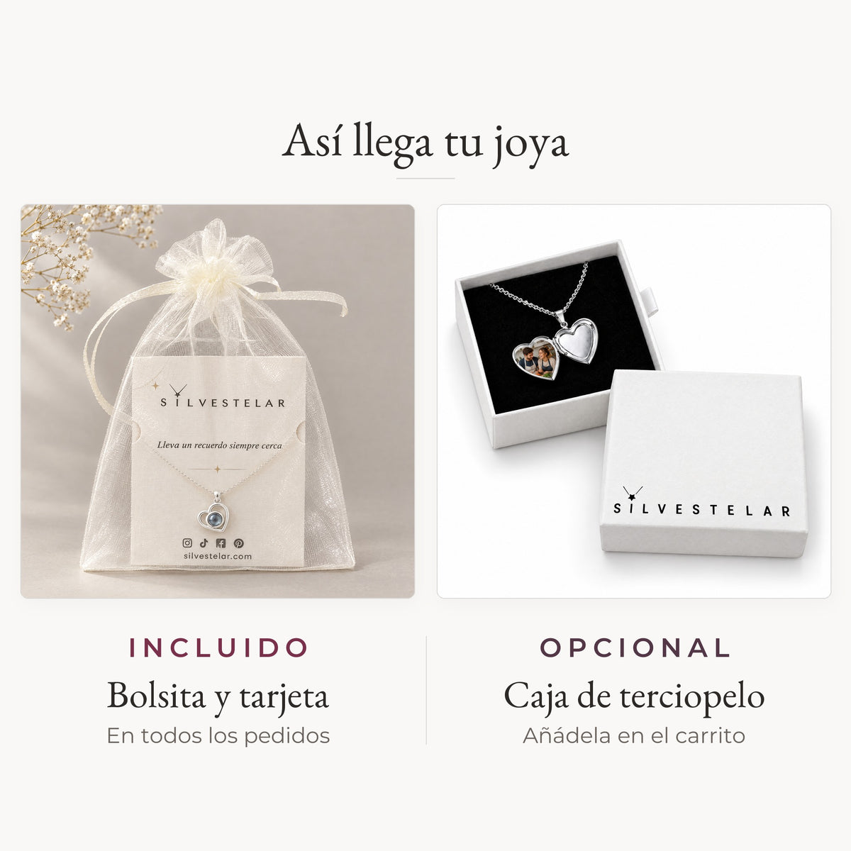 Así llega tu joya: bolsita de organza y tarjeta incluidas; caja de regalo de terciopelo opcional en el carrito