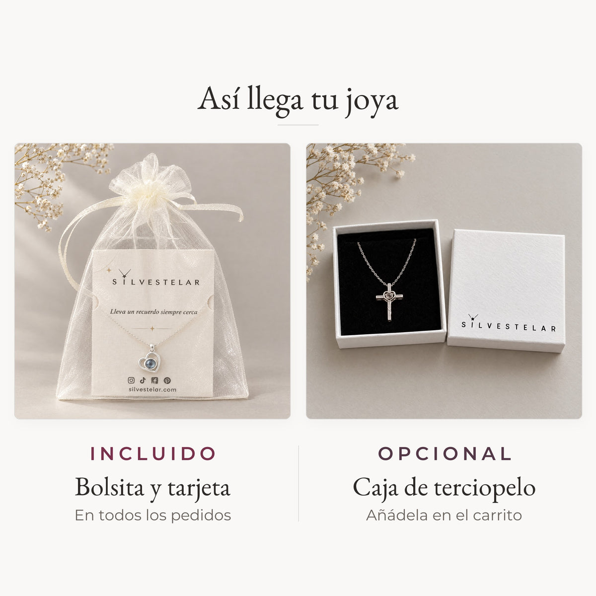 Así llega tu joya: bolsita de organza y tarjeta incluidas; caja de regalo de terciopelo opcional en el carrito