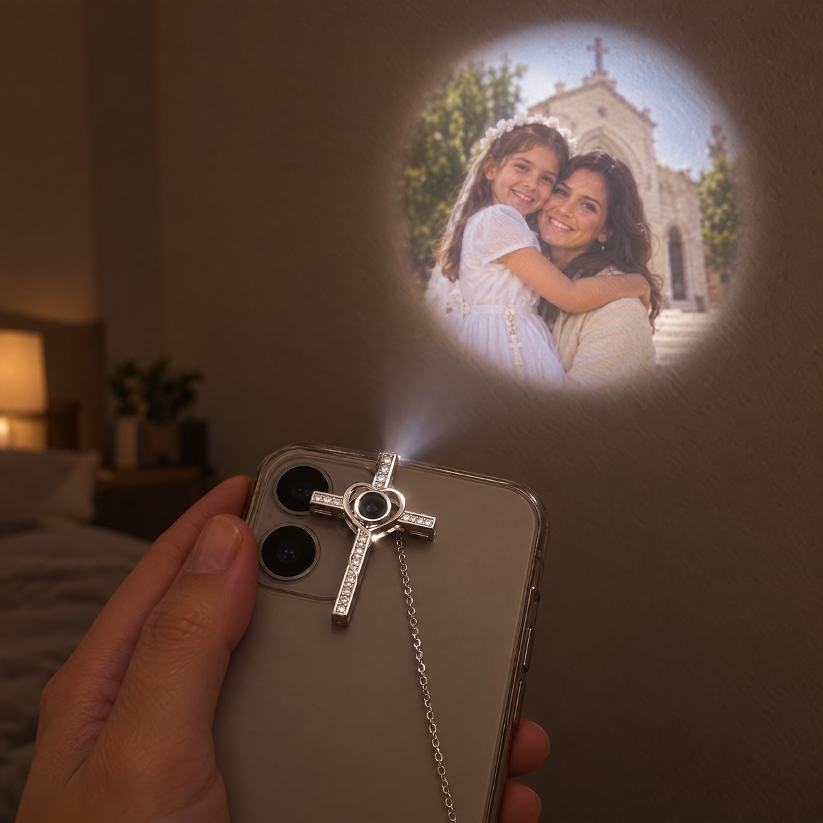 Collar de cruz proyectando la foto de una primera comunión en la pared con la linterna del móvil