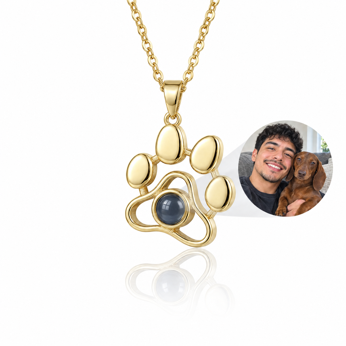 Collar huella con foto de un perro salchicha dentro en oro