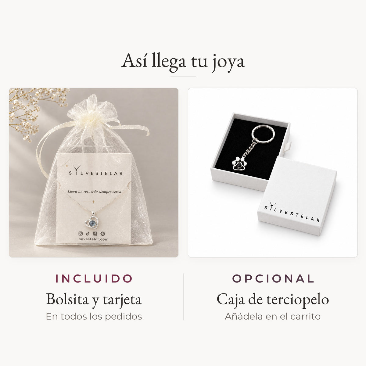 Así llega tu joya: bolsita de organza y tarjeta incluidas; caja de regalo de terciopelo opcional en el carrito