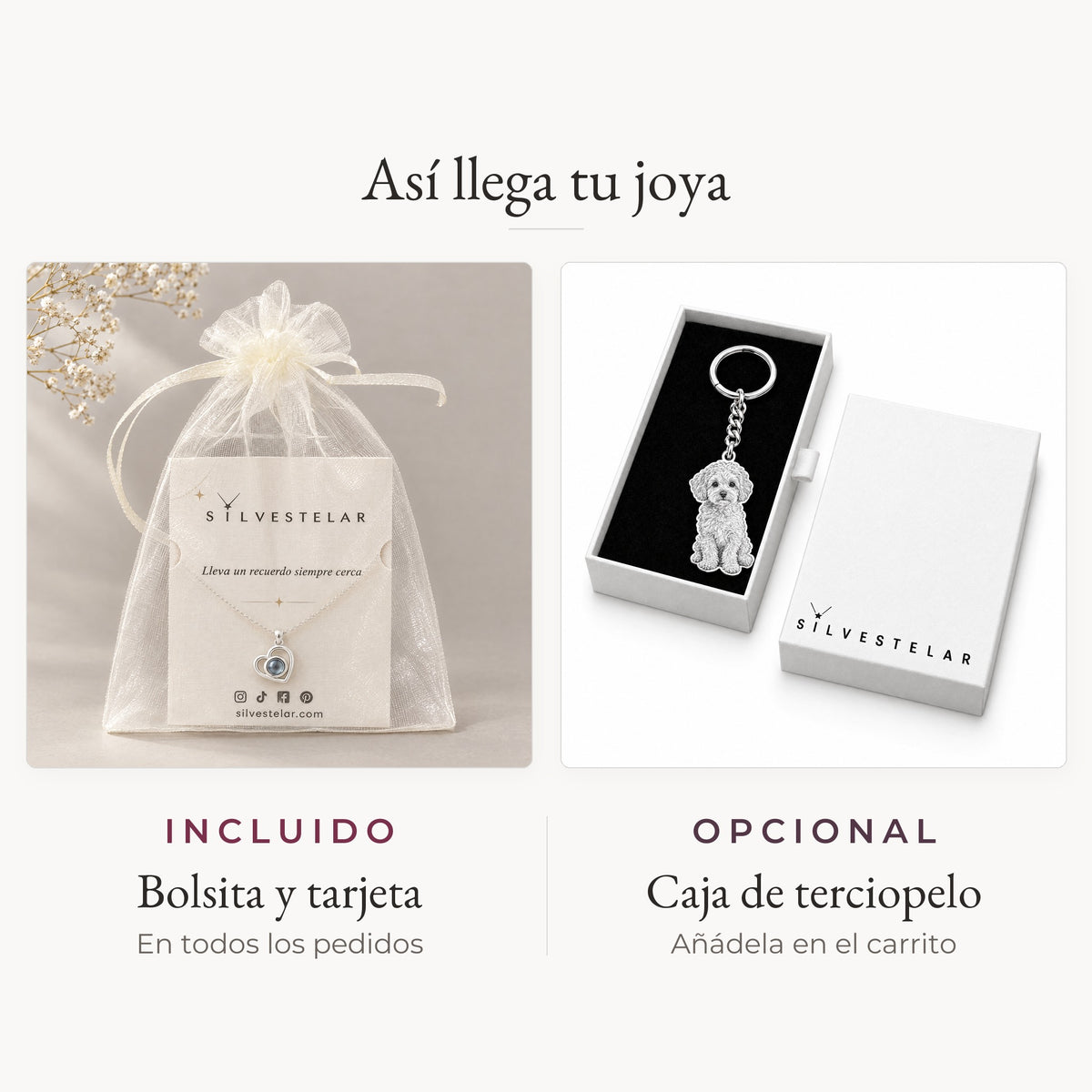 Así llega tu joya: bolsita de organza y tarjeta incluidas; caja de regalo de terciopelo opcional en el carrito