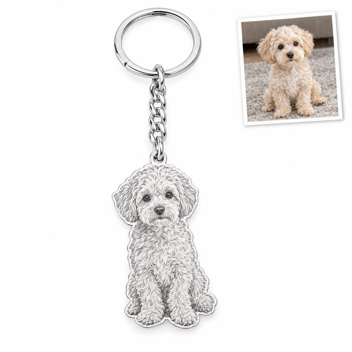 Llavero plateado con el retrato grabado de un cachorro maltipoo y su foto original