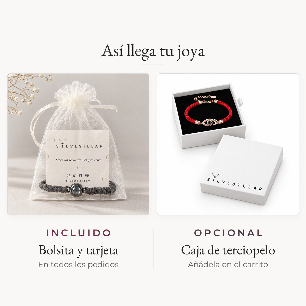Así llega tu joya: bolsita de organza y tarjeta incluidas; caja de regalo de terciopelo opcional en el carrito