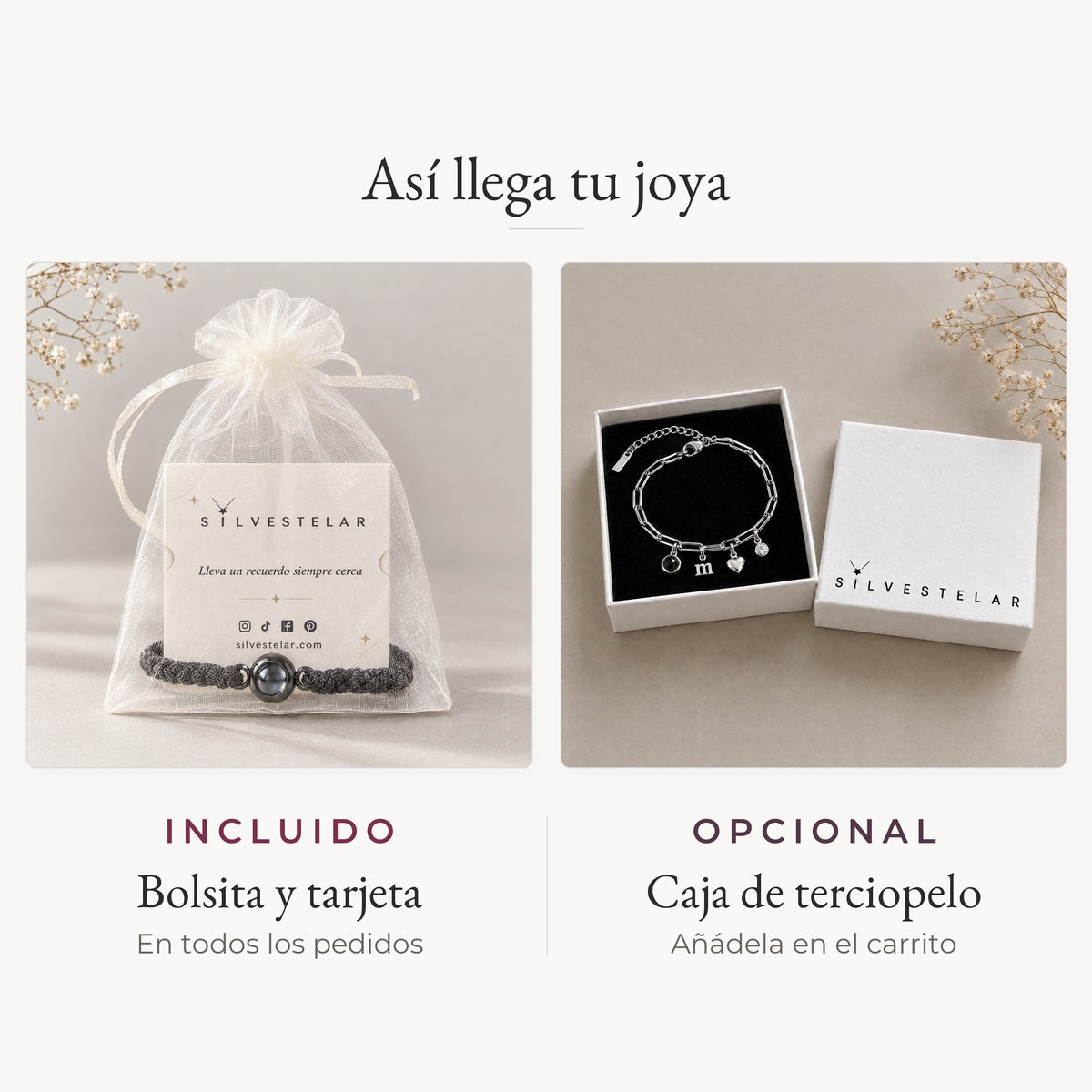 Así llega tu joya: bolsita de organza y tarjeta incluidas; caja de regalo de terciopelo opcional en el carrito