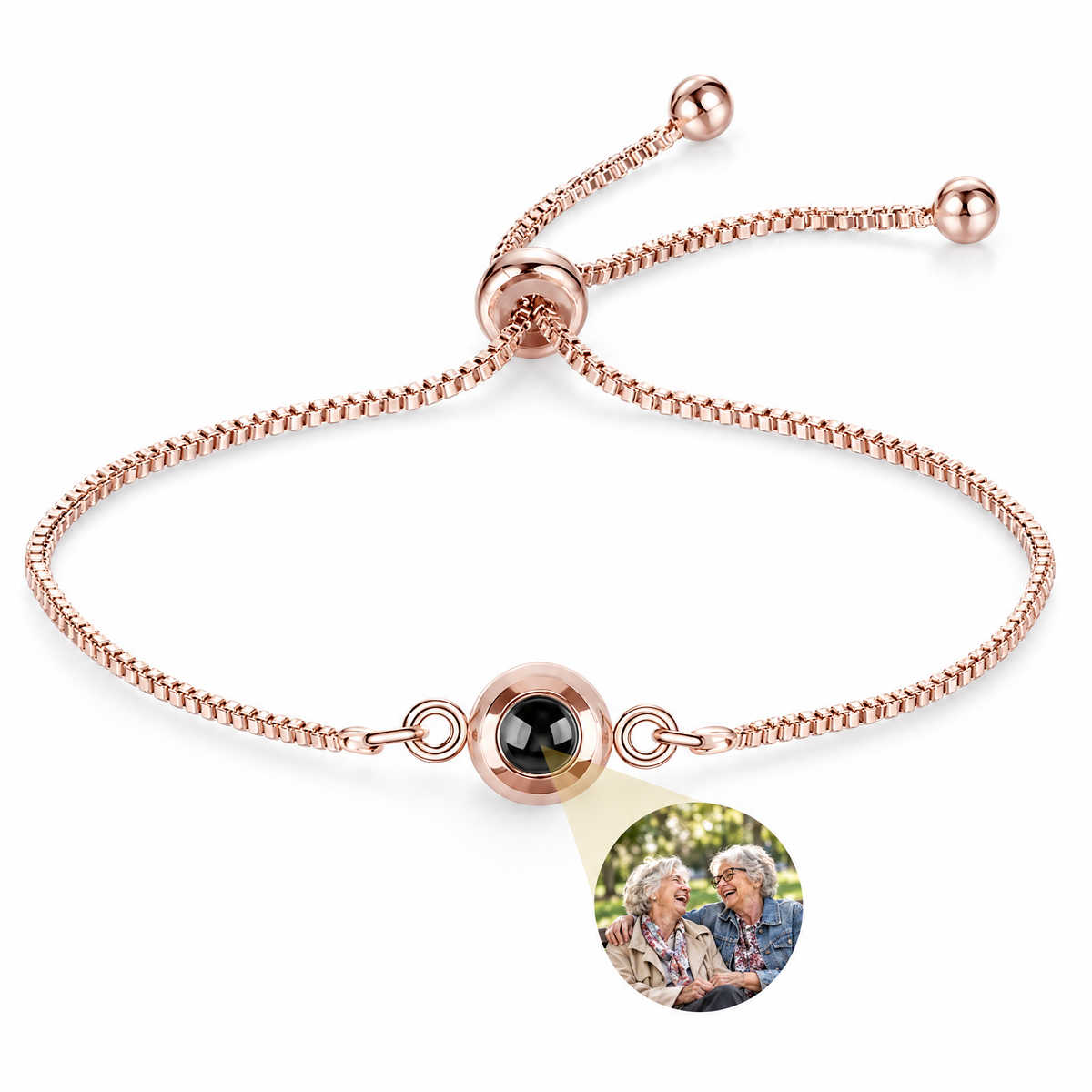 Pulsera ajustable en oro rosa con la foto de dos amigas dentro