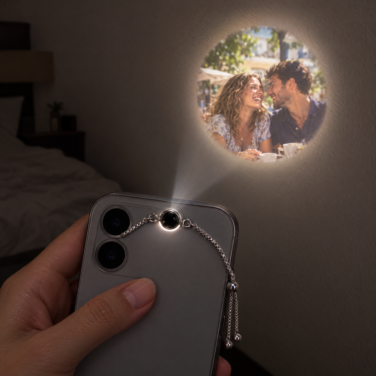 Pulsera proyectando la foto de una pareja en la pared con la linterna del móvil