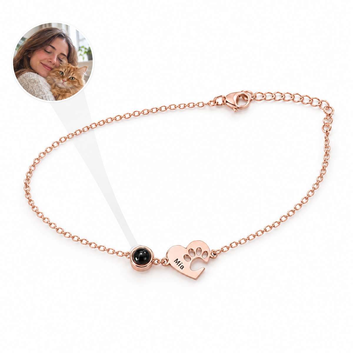 Pulsera con foto de un gato dentro y nombre grabado en oro rosa