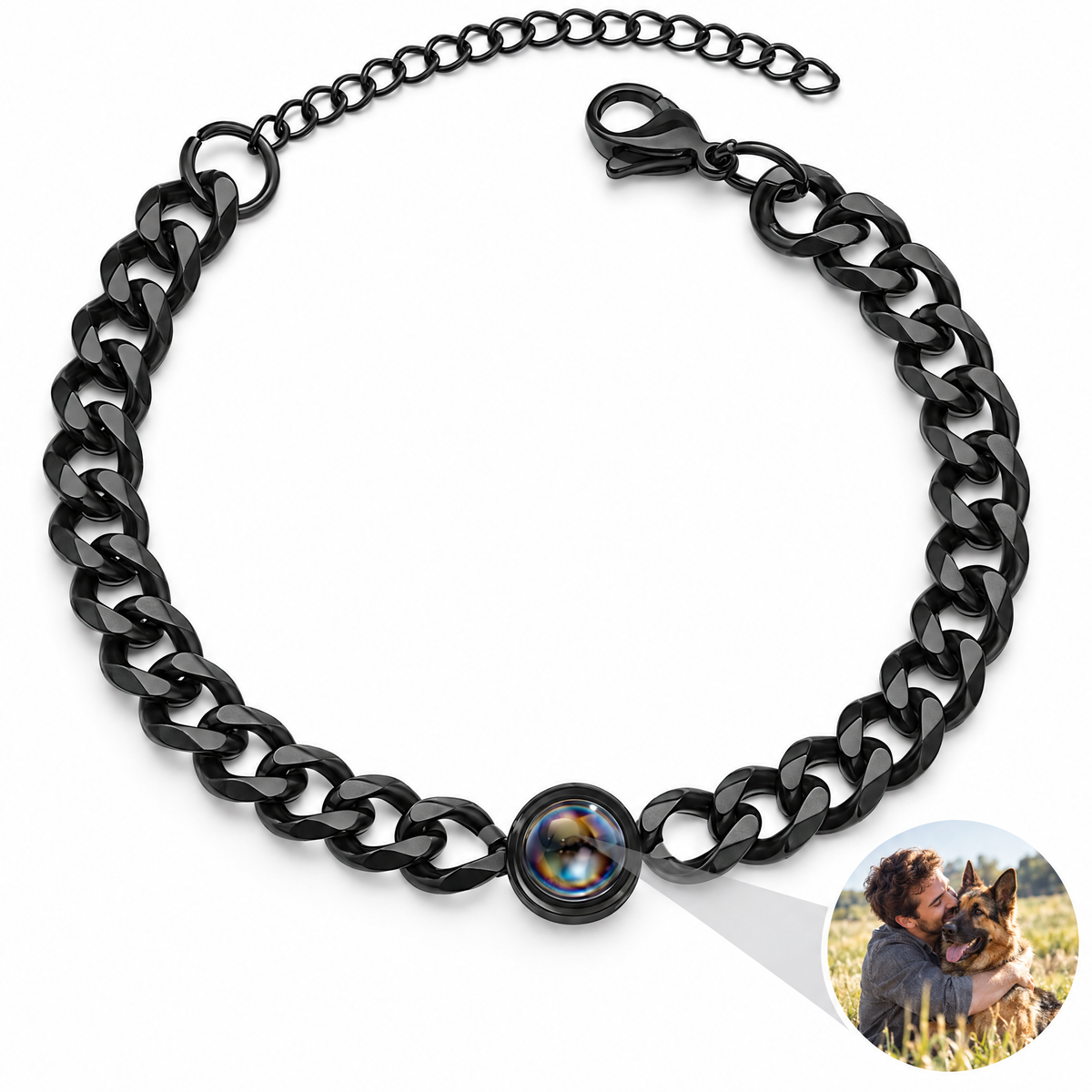 Pulsera de cadena cubana negra con la foto de un hombre y su perro dentro