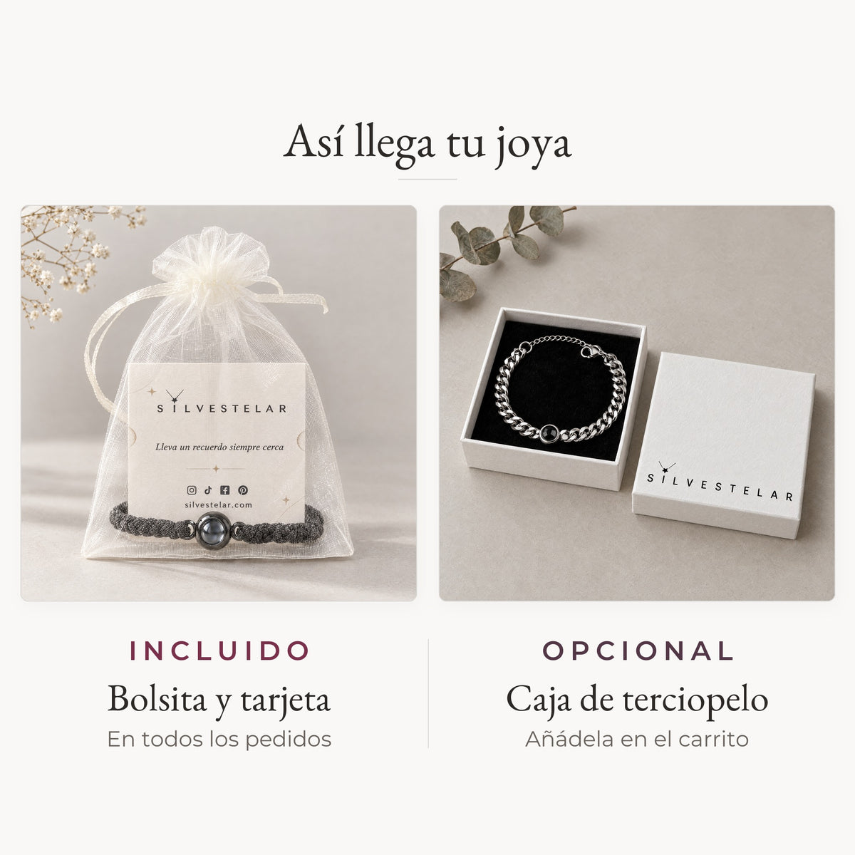 Así llega tu joya: bolsita de organza y tarjeta incluidas; caja de regalo de terciopelo opcional en el carrito