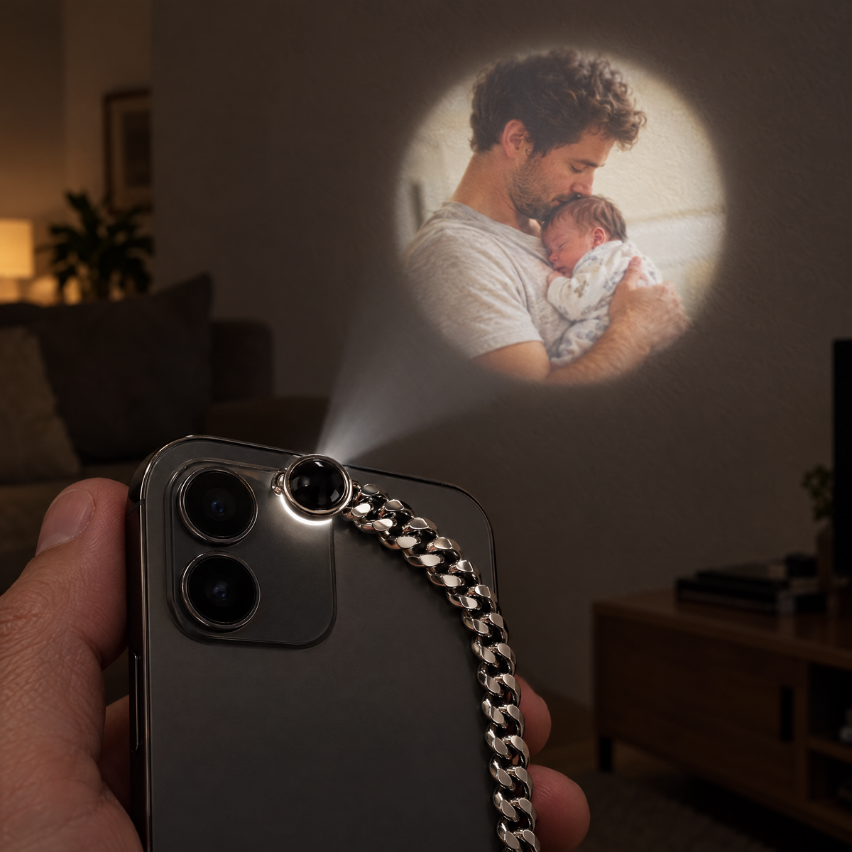 Pulsera de cadena cubana proyectando la foto de un padre con su bebé en la pared