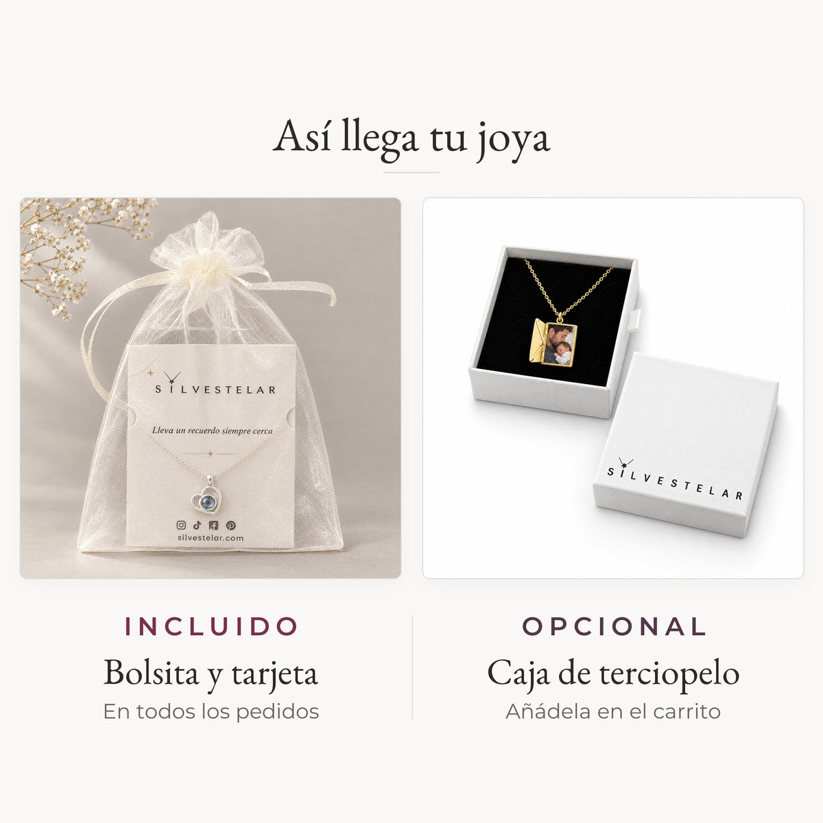 Así llega tu joya: bolsita de organza y tarjeta incluidas; caja de regalo de terciopelo opcional en el carrito