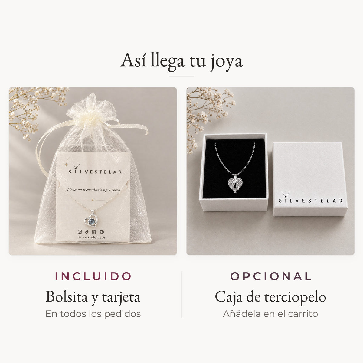 Así llega tu joya: bolsita de organza y tarjeta incluidas; caja de regalo de terciopelo opcional en el carrito