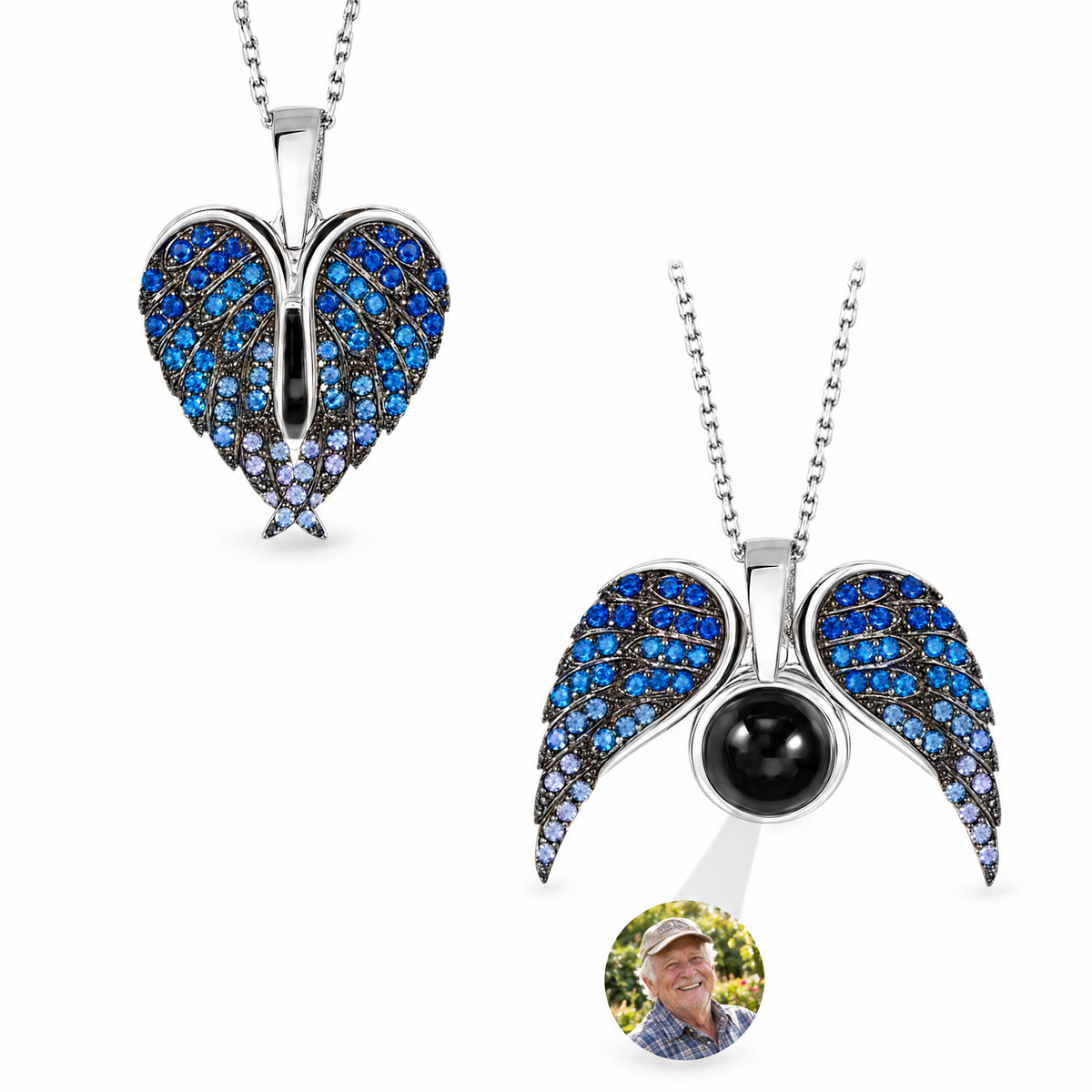 Collar alas de ángel azul con la foto de un abuelo dentro