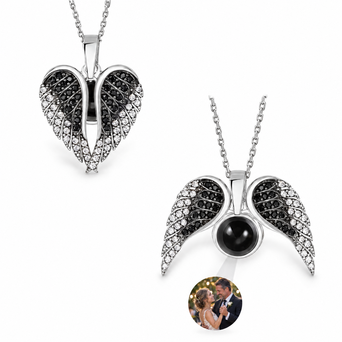 Collar alas de ángel negro con la foto de un padre y su hija dentro