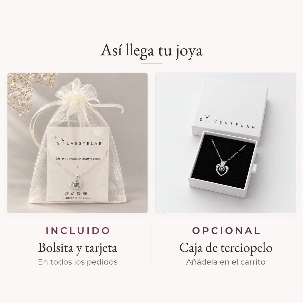 Así llega tu joya: bolsita de organza y tarjeta incluidas; caja de regalo de terciopelo opcional en el carrito