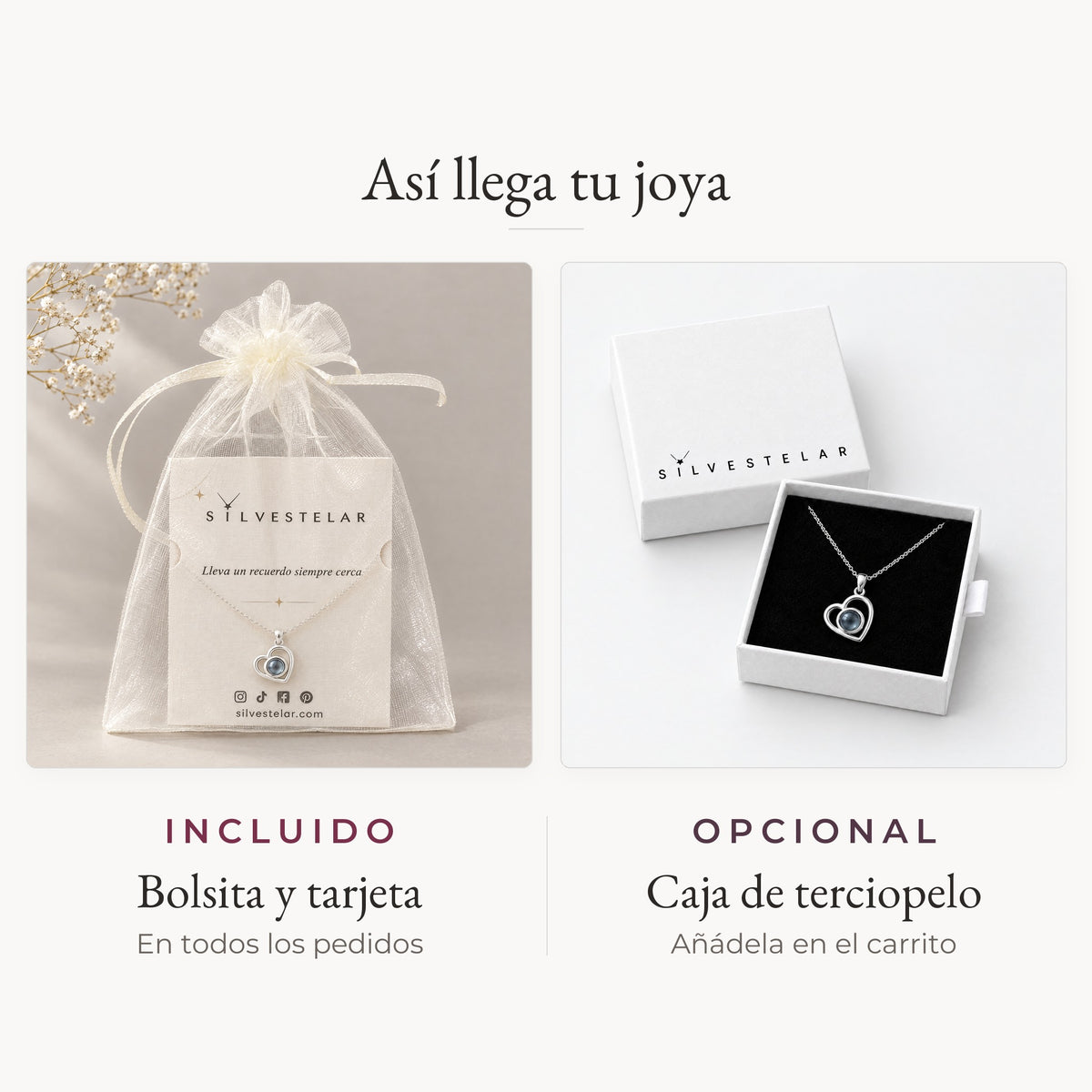 Así llega tu joya: bolsita de organza y tarjeta incluidas; caja de regalo de terciopelo opcional en el carrito