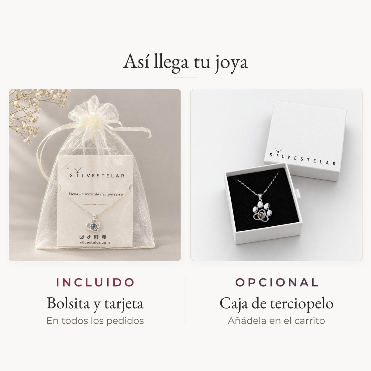 Así llega tu joya: bolsita de organza y tarjeta incluidas; caja de regalo de terciopelo opcional en el carrito