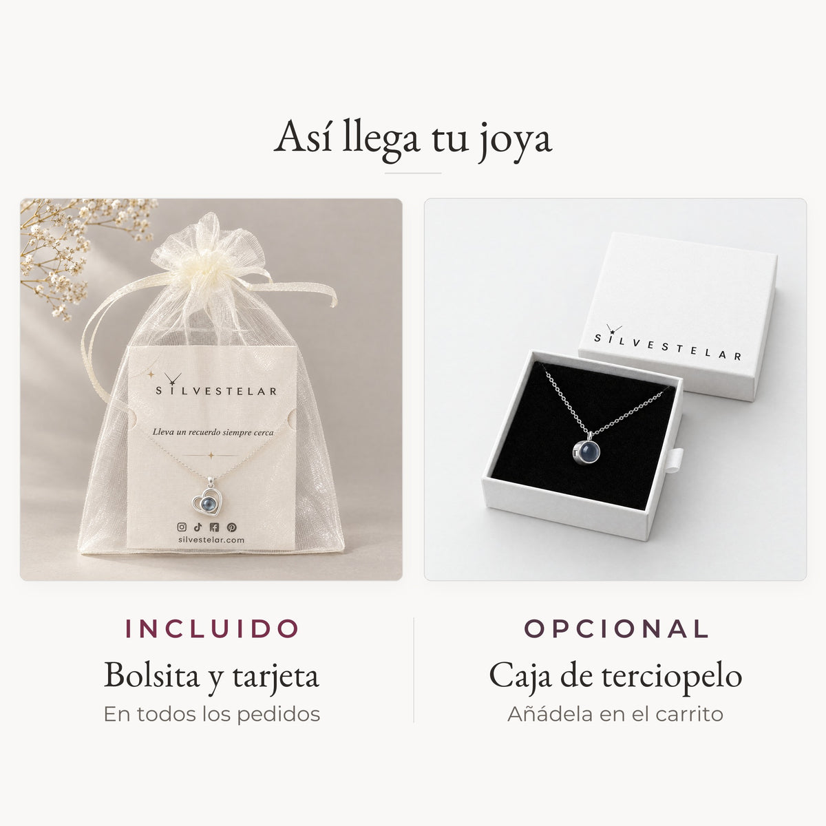 Así llega tu joya: bolsita de organza y tarjeta incluidas; caja de regalo de terciopelo opcional en el carrito