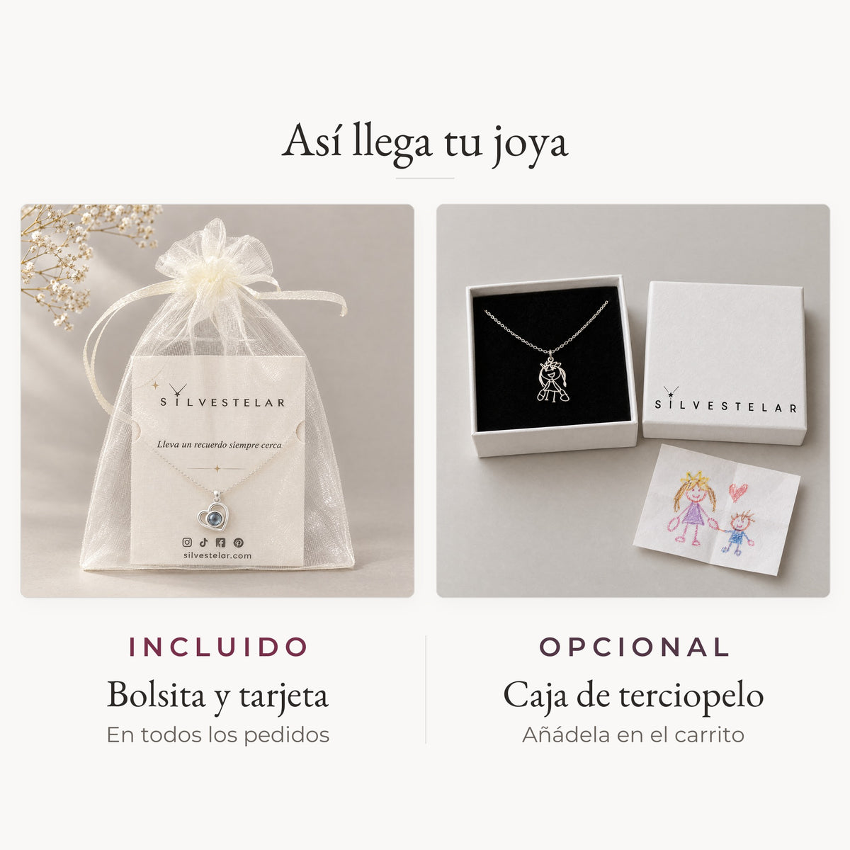Así llega tu joya: bolsita de organza y tarjeta incluidas; caja de regalo de terciopelo opcional en el carrito