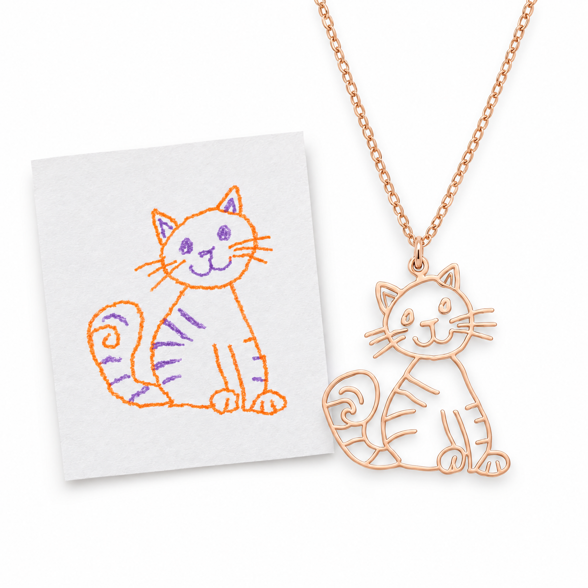 Collar en oro rosa con el dibujo de un gato, junto al dibujo original