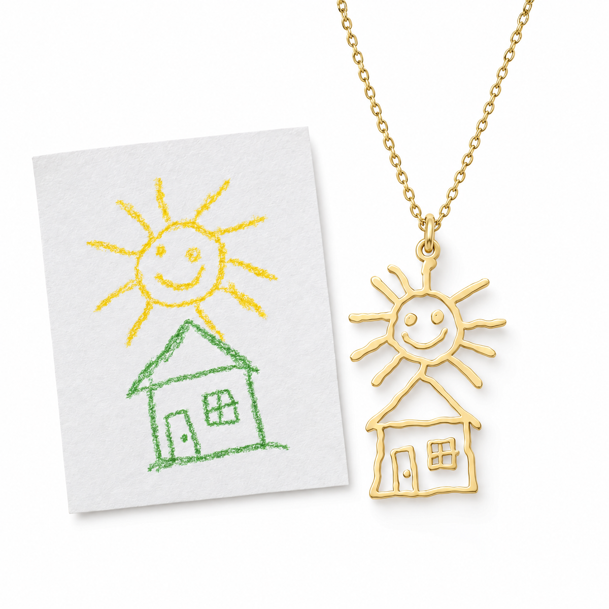 Collar dorado con el dibujo de un sol y una casa, junto al dibujo original