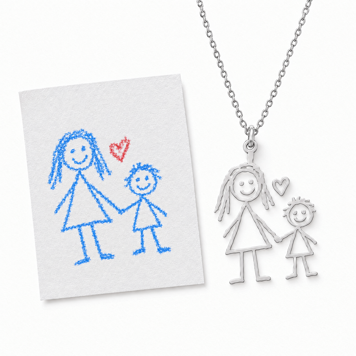 Collar plateado con el dibujo de un niño de una madre y su hijo de la mano, junto al dibujo original