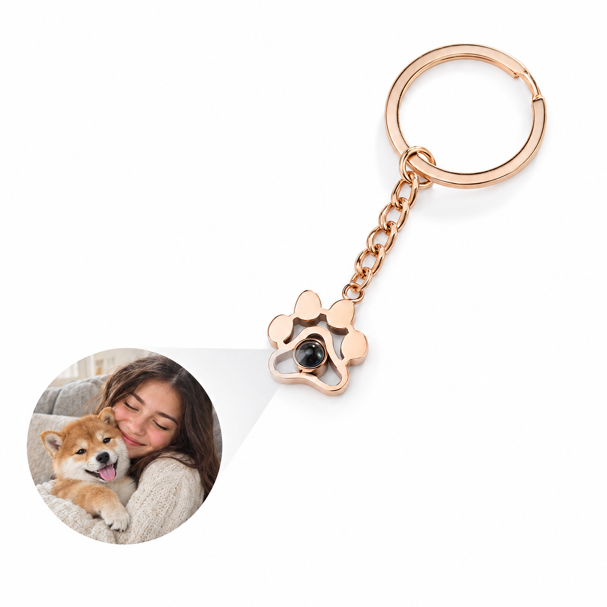 Llavero de huella en oro rosa con la foto de una chica y su cachorro