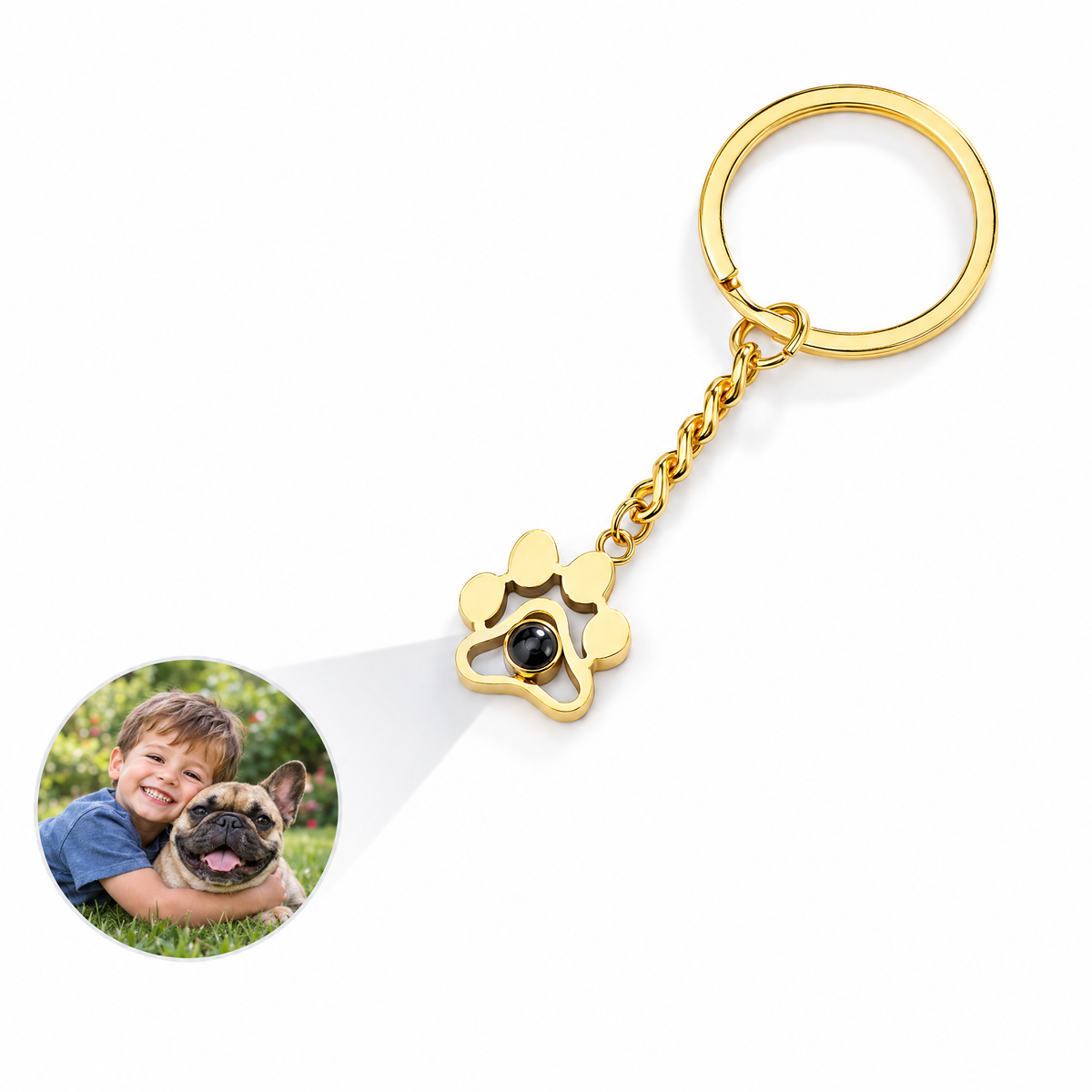 Llavero de huella dorado con la foto de un niño y su bulldog francés
