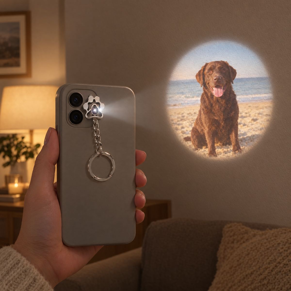 Llavero de huella proyectando la foto de un labrador en la pared con la linterna del móvil