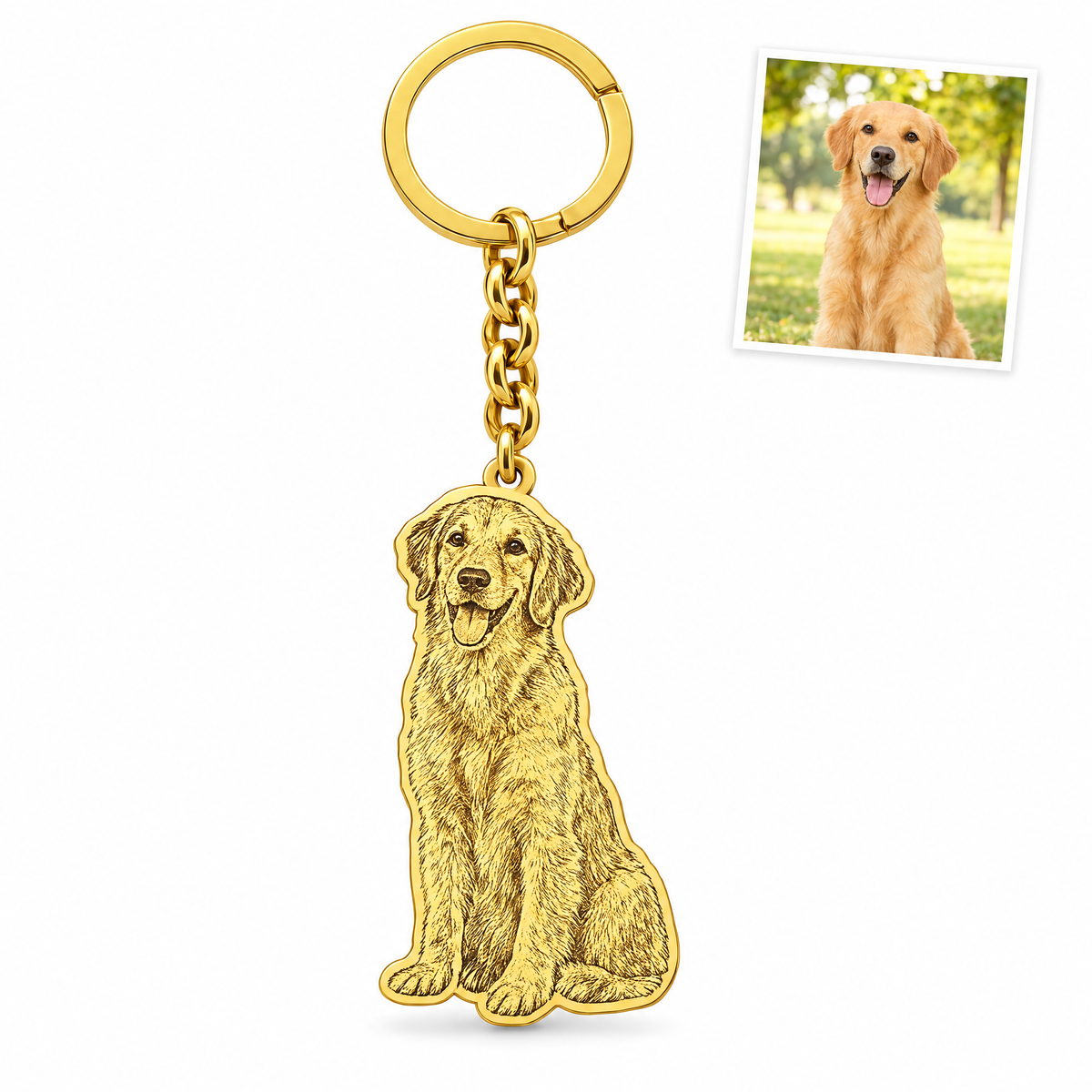 Llavero dorado con el retrato grabado de un golden retriever y su foto original