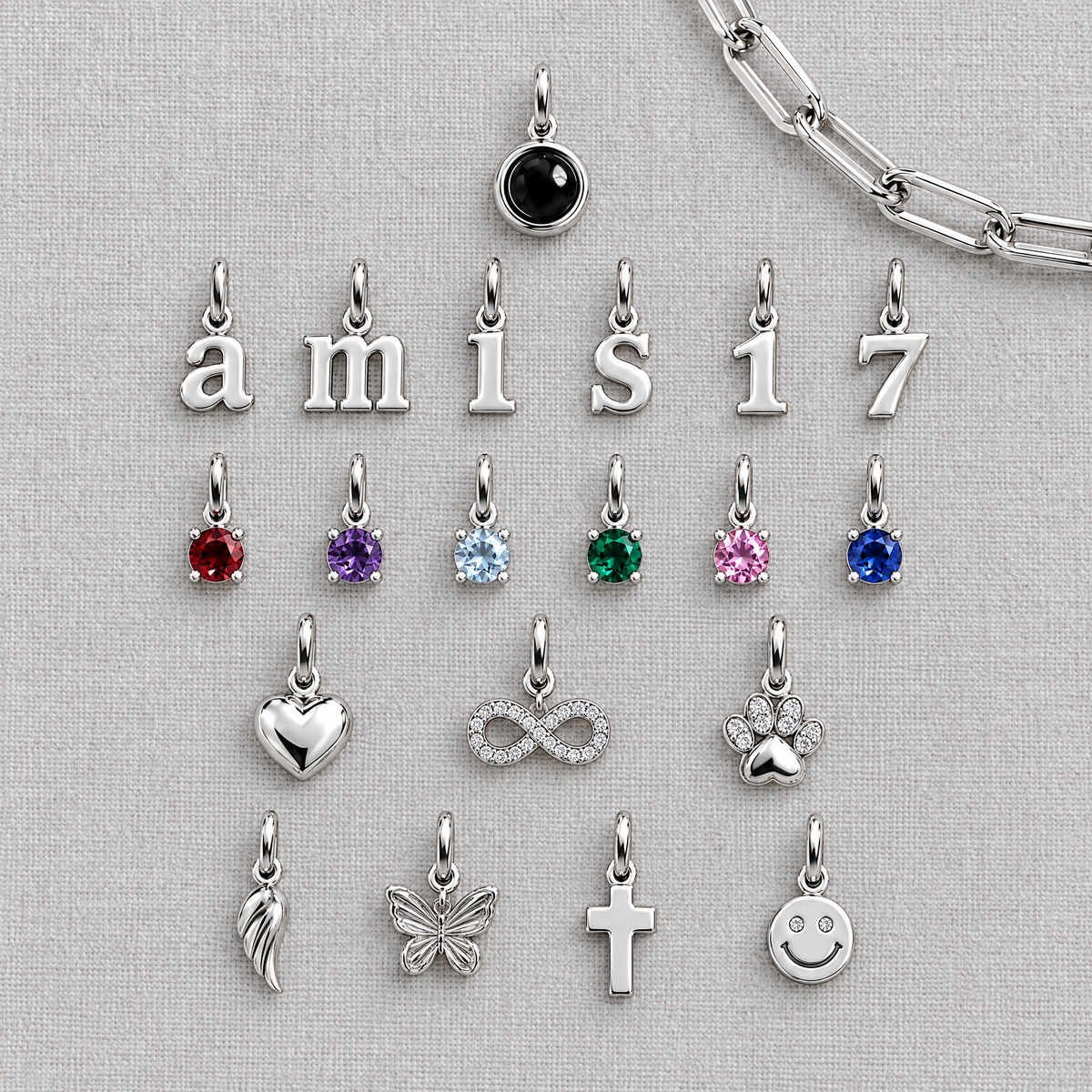 Charms plateados para la pulsera: foto, letras, números, piedras de nacimiento y símbolos