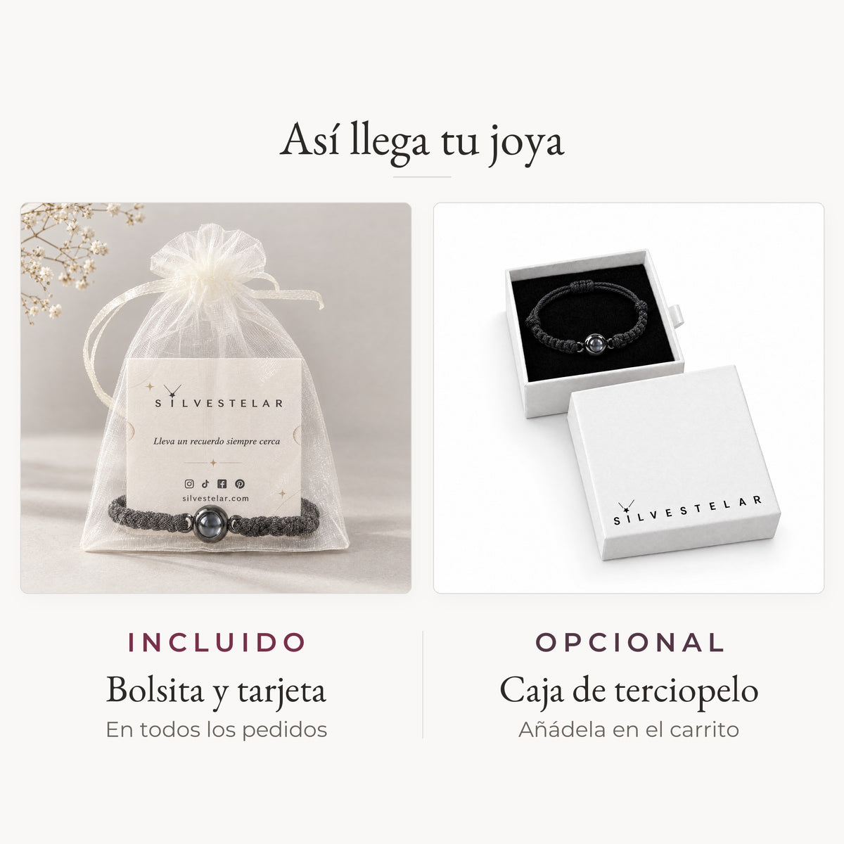 Así llega tu joya: bolsita de organza y tarjeta incluidas; caja de regalo de terciopelo opcional en el carrito