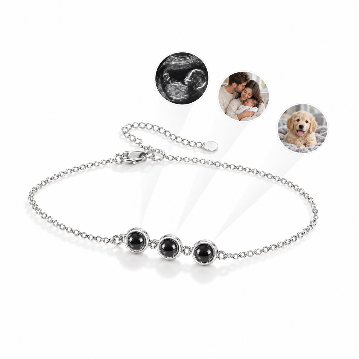 Pulsera plateada con tres fotos dentro: ecografía, pareja con su bebé y cachorro