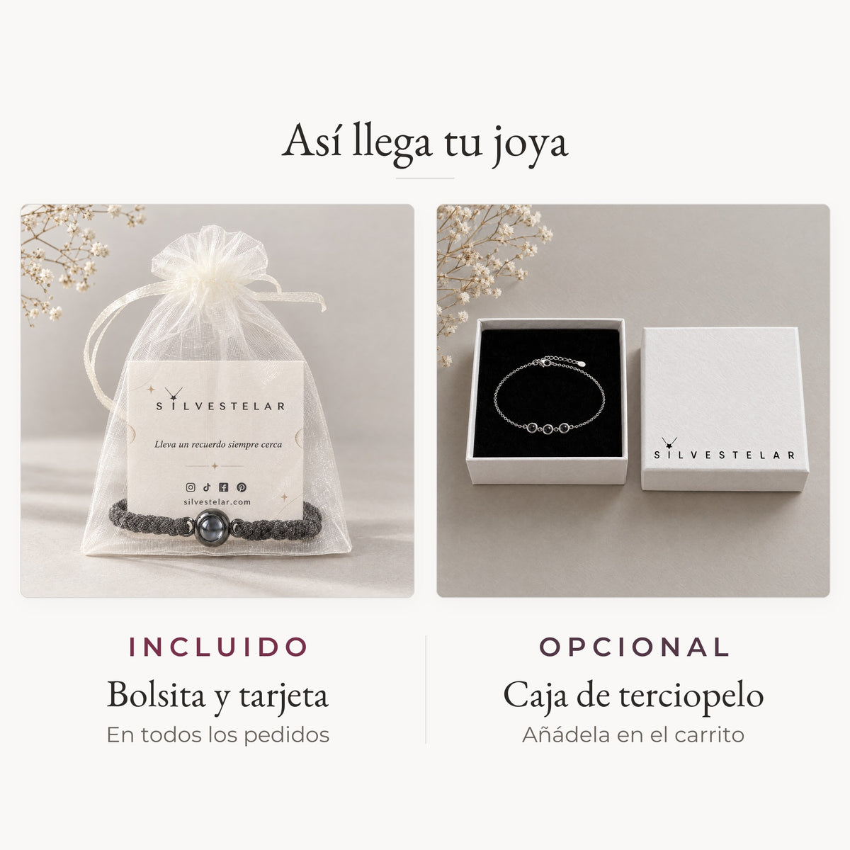 Así llega tu joya: bolsita de organza y tarjeta incluidas; caja de regalo de terciopelo opcional en el carrito