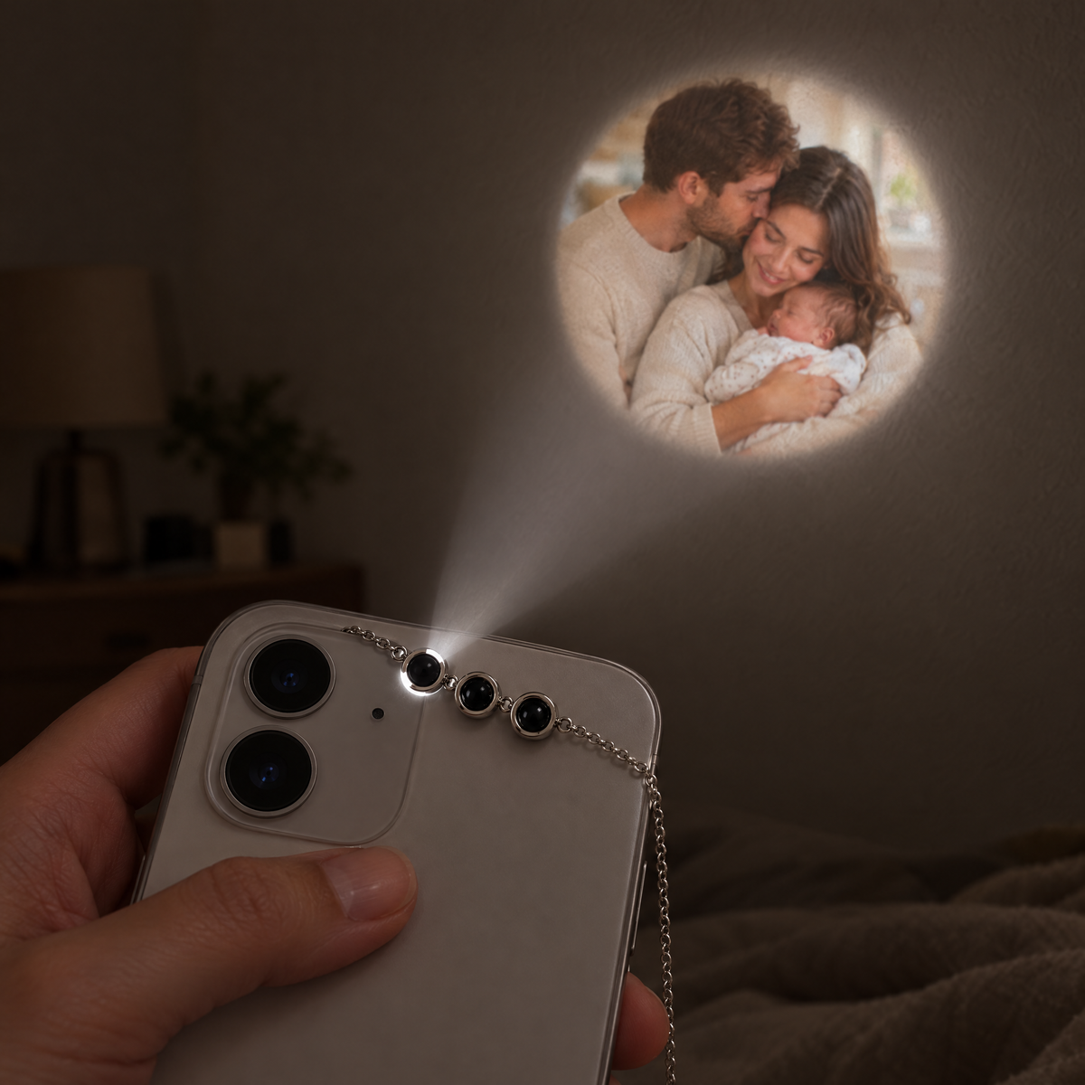 Pulsera proyectando la foto de una pareja con su bebé en la pared con la linterna del móvil
