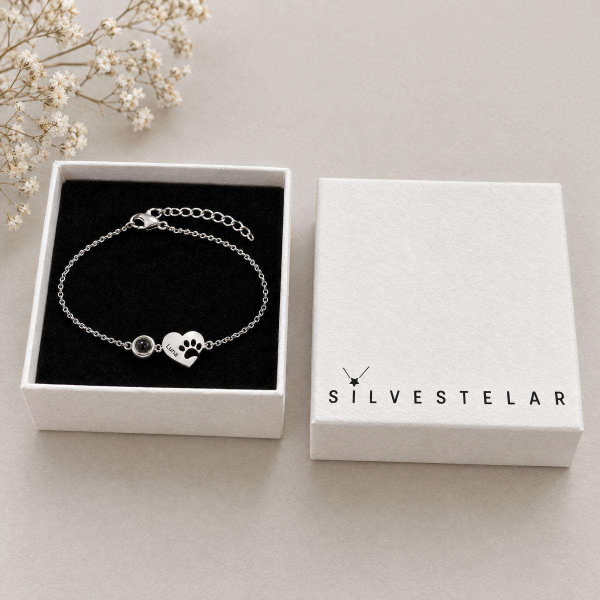 Pulsera con foto de mascota en su caja de regalo Silvestelar