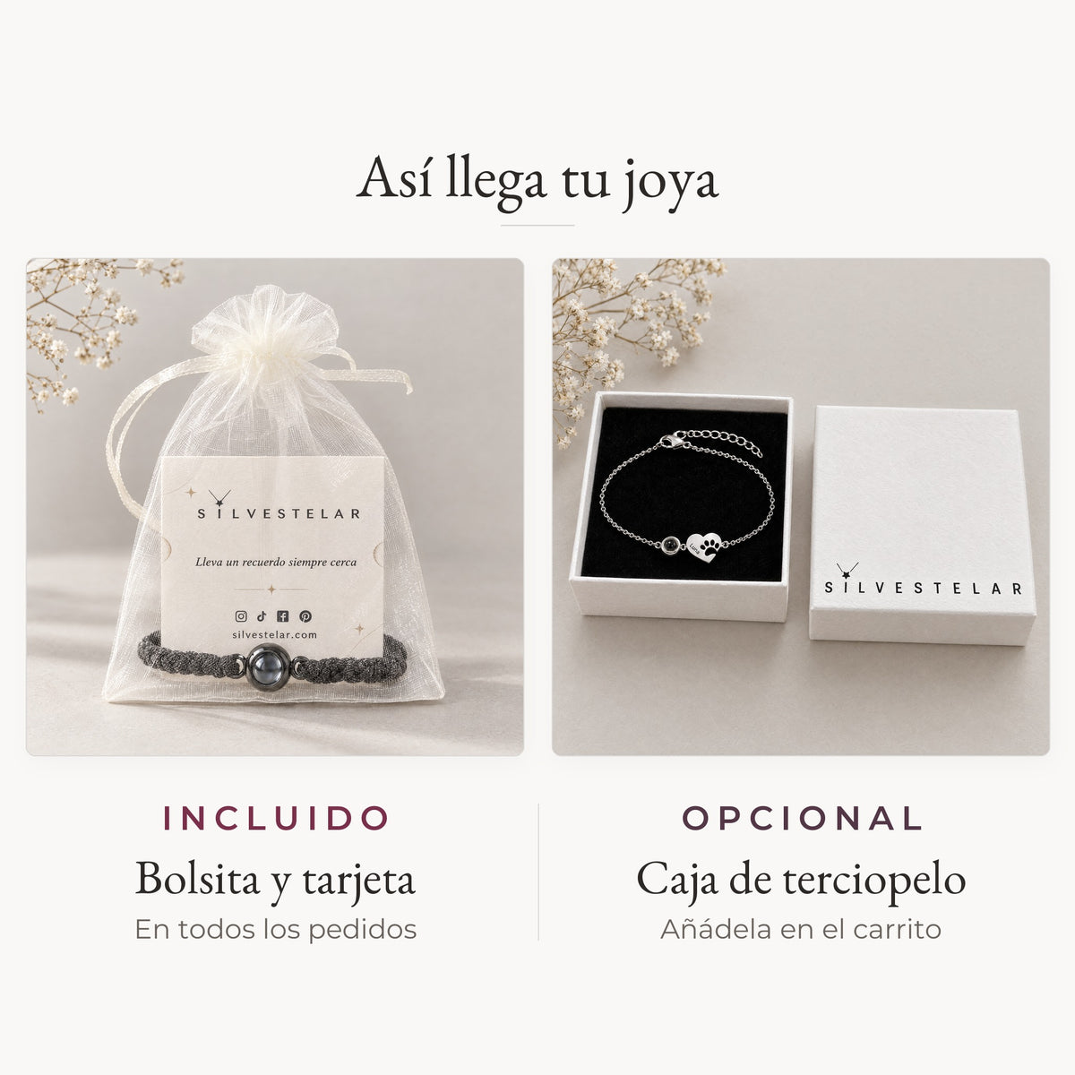 Así llega tu joya: bolsita de organza y tarjeta incluidas; caja de regalo de terciopelo opcional en el carrito