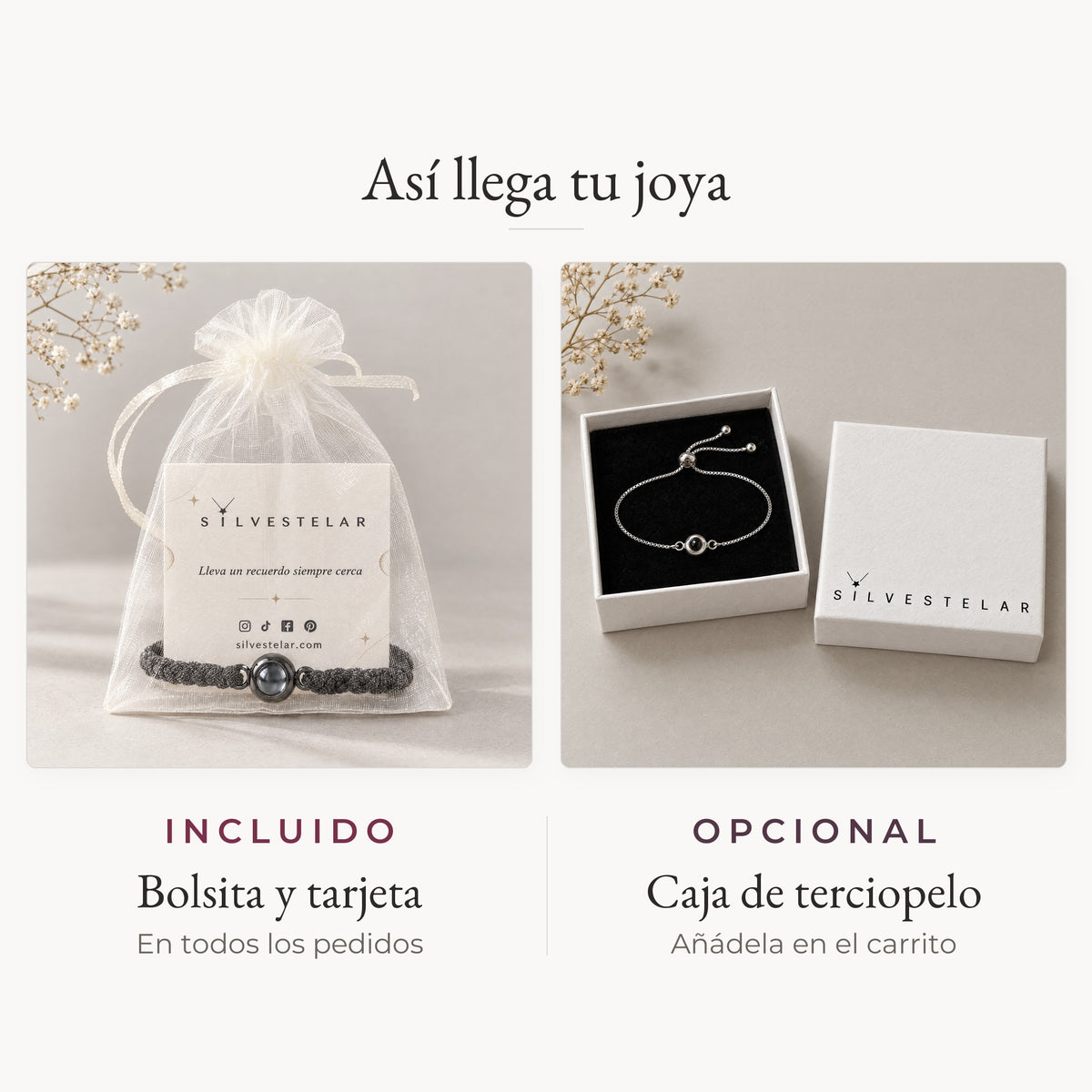 Así llega tu joya: bolsita de organza y tarjeta incluidas; caja de regalo de terciopelo opcional en el carrito