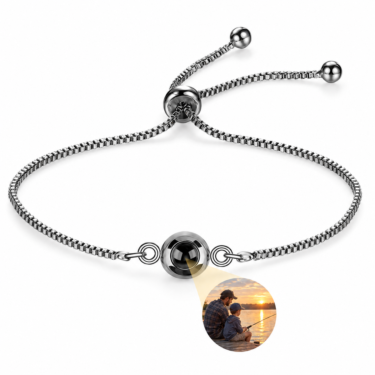 Pulsera ajustable negra con la foto de un padre y su hijo dentro