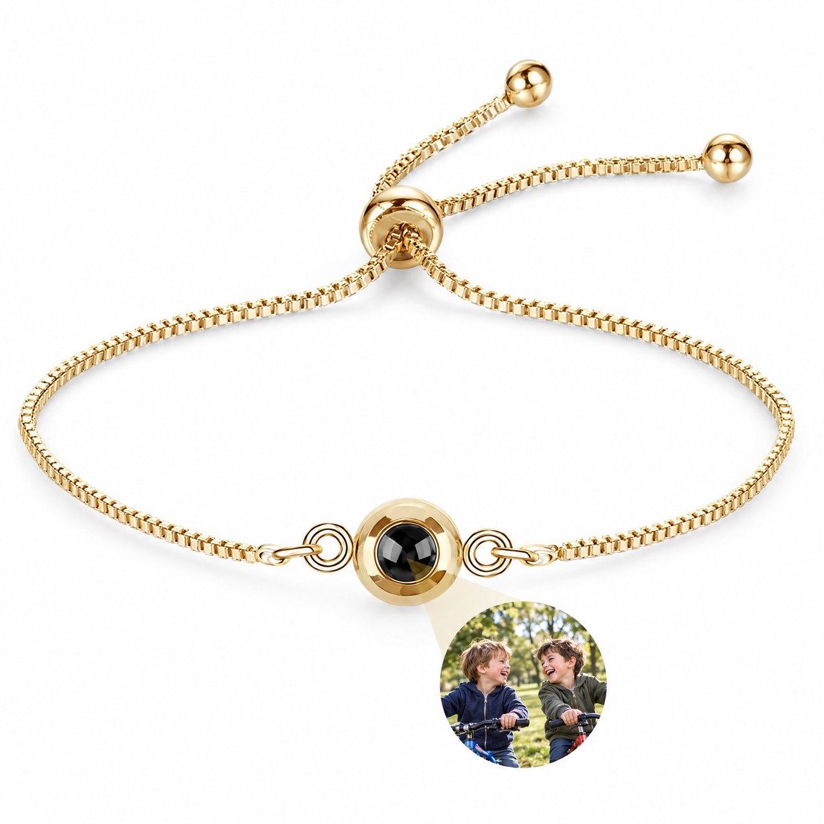 Pulsera ajustable dorada con la foto de dos hermanos dentro