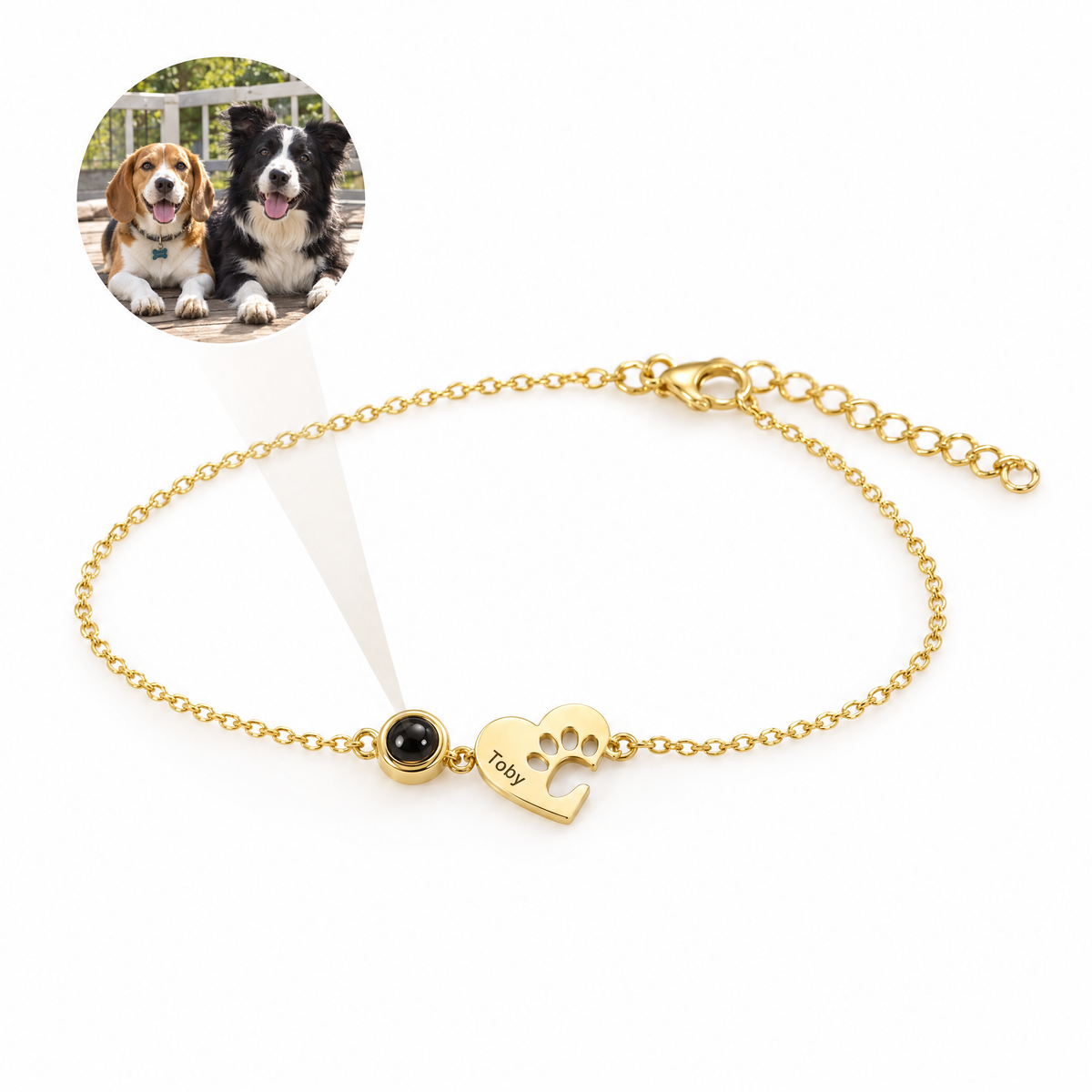 Pulsera con foto de dos perros dentro y nombre grabado en oro