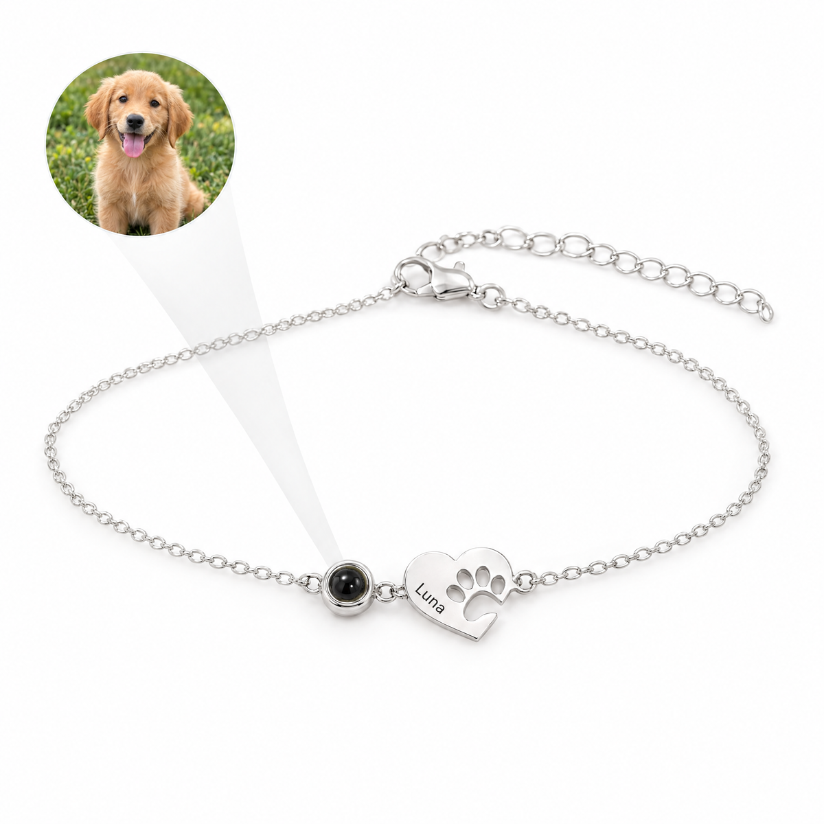 Pulsera con la foto de tu mascota dentro y su nombre grabado en plata