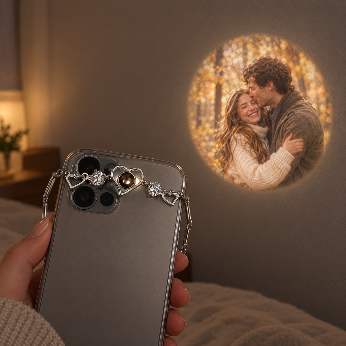 Pulsera proyectando la foto de una pareja en la pared con la linterna del móvil