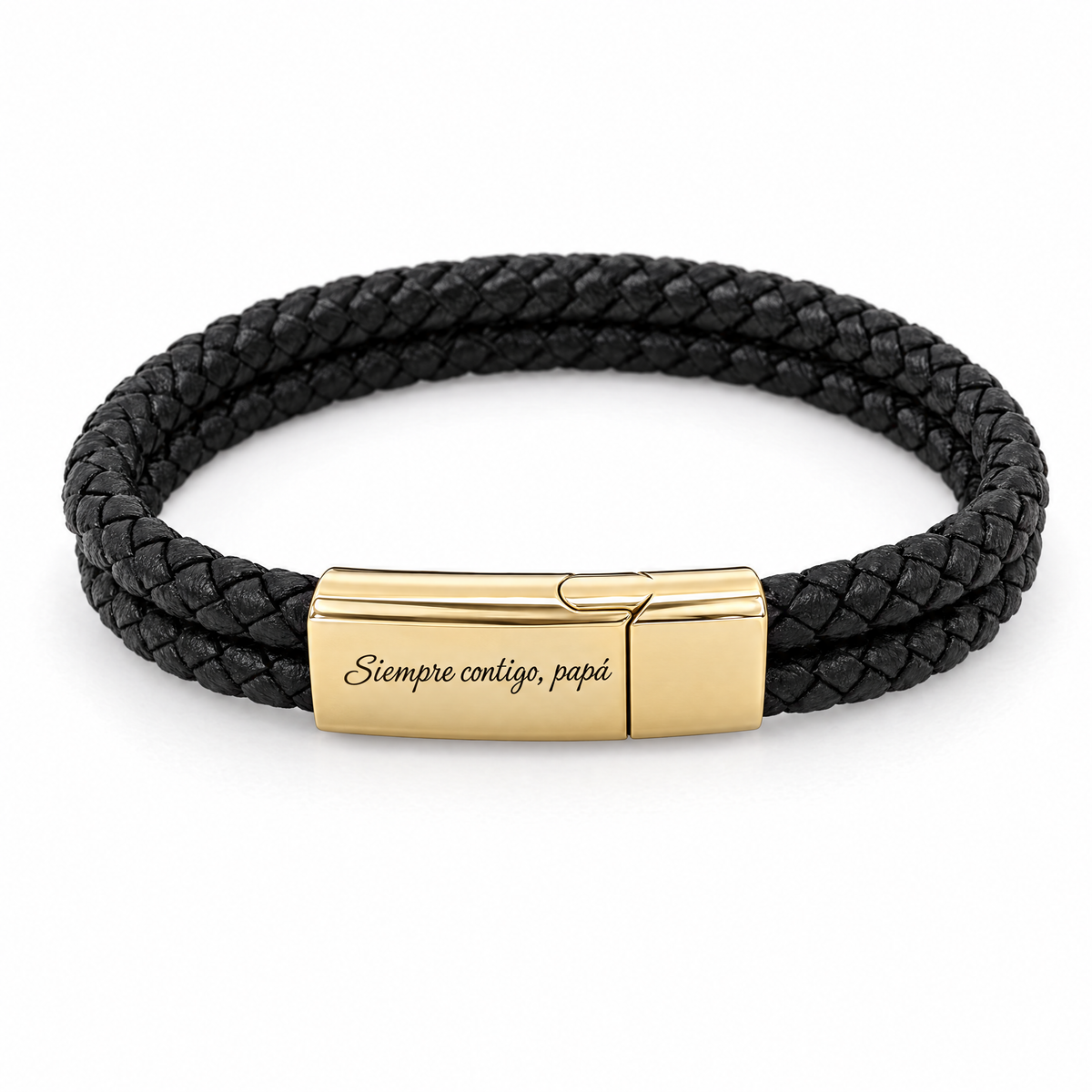 Pulsera de cuero trenzado negro con hebilla magnética dorada grabada «Siempre contigo, papá»