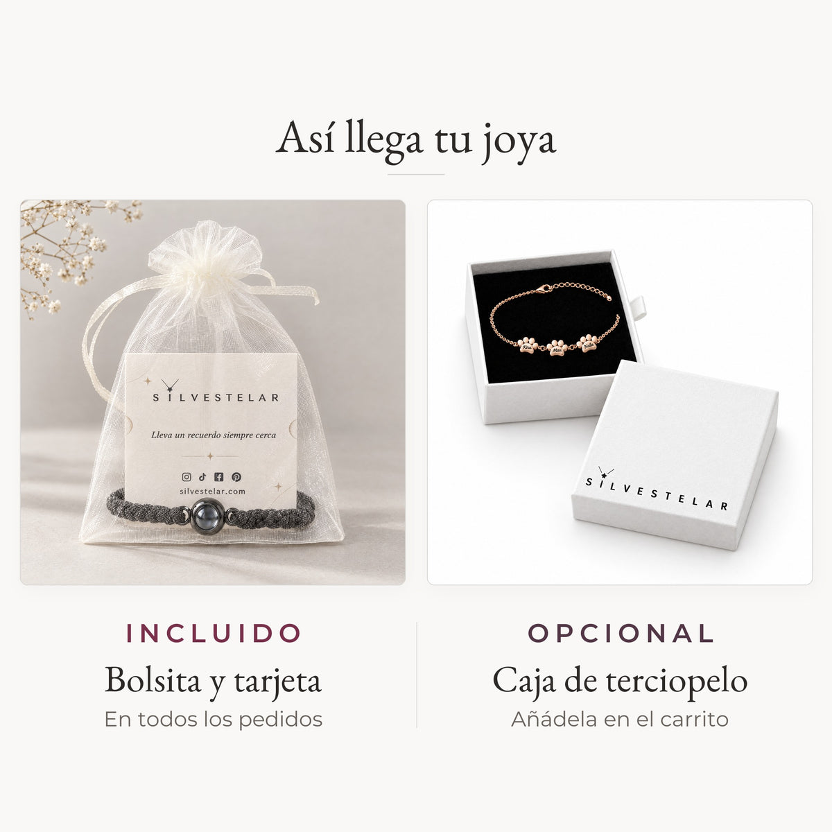 Así llega tu joya: bolsita de organza y tarjeta incluidas; caja de regalo de terciopelo opcional en el carrito