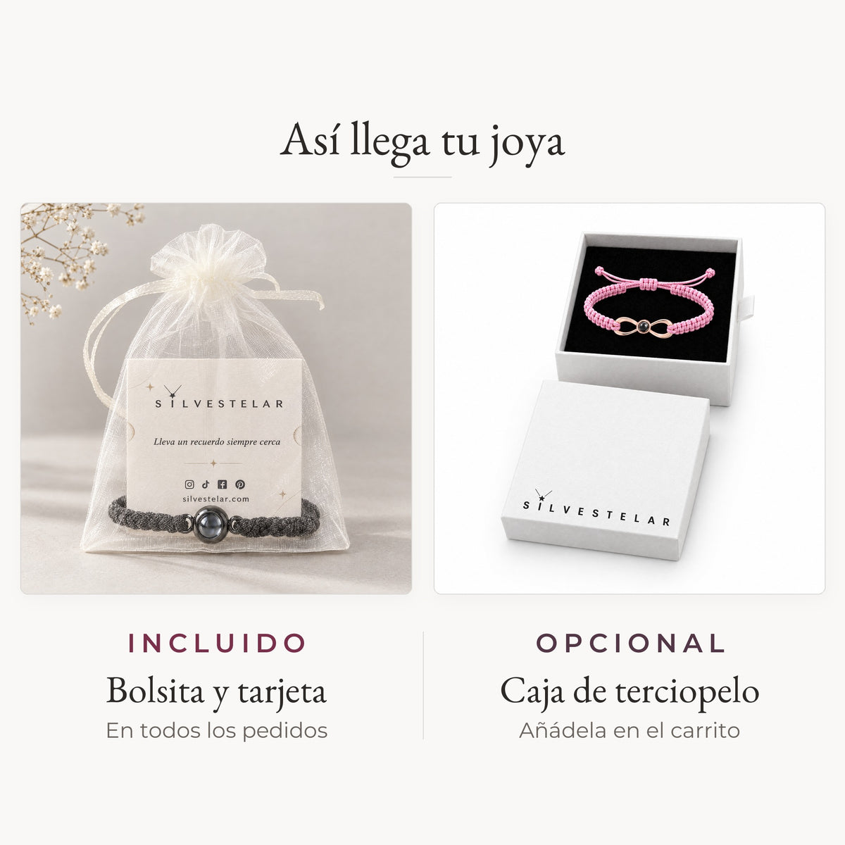 Así llega tu joya: bolsita de organza y tarjeta incluidas; caja de regalo de terciopelo opcional en el carrito