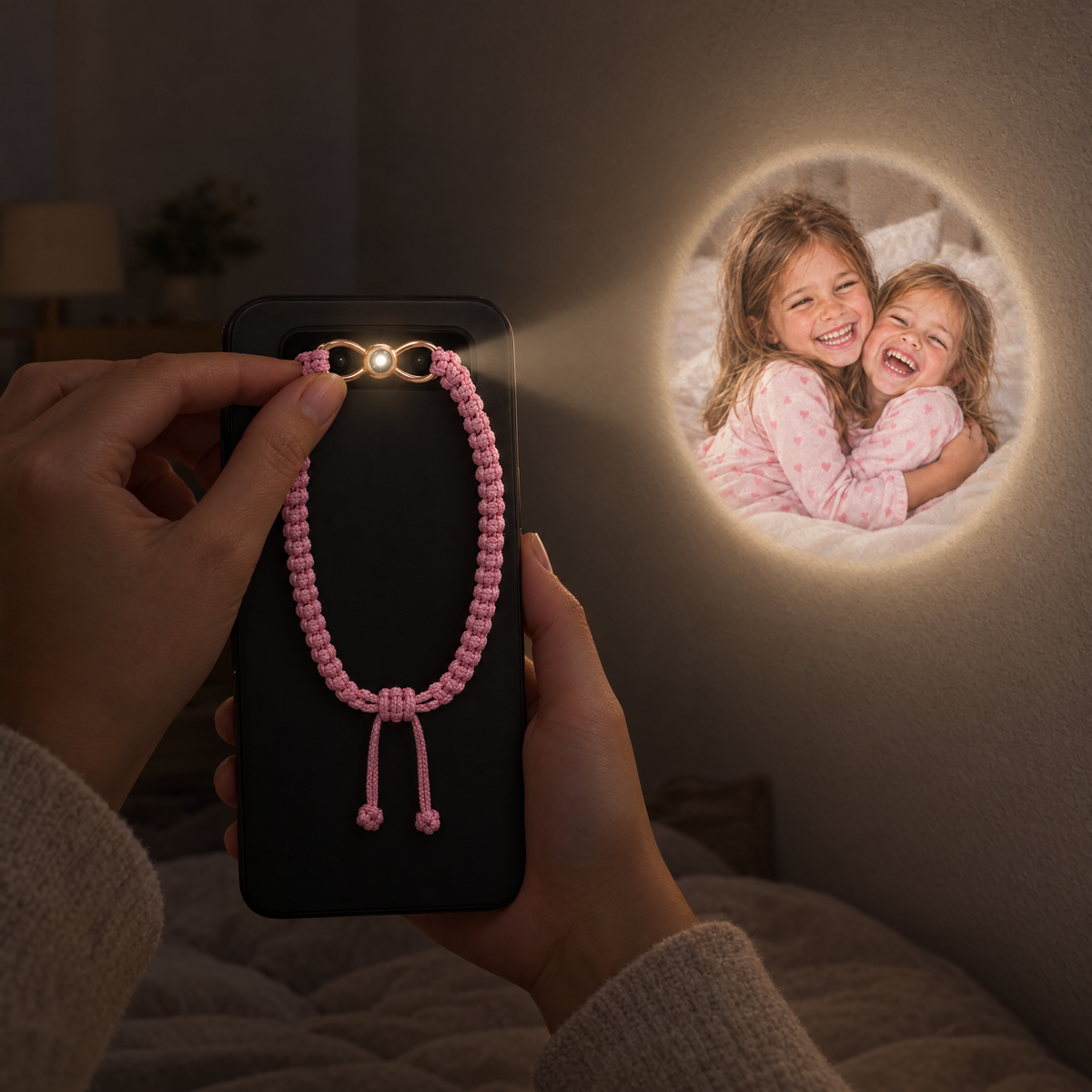 Pulsera Infinita rosa proyectando la foto de dos hermanas en la pared con la linterna del móvil
