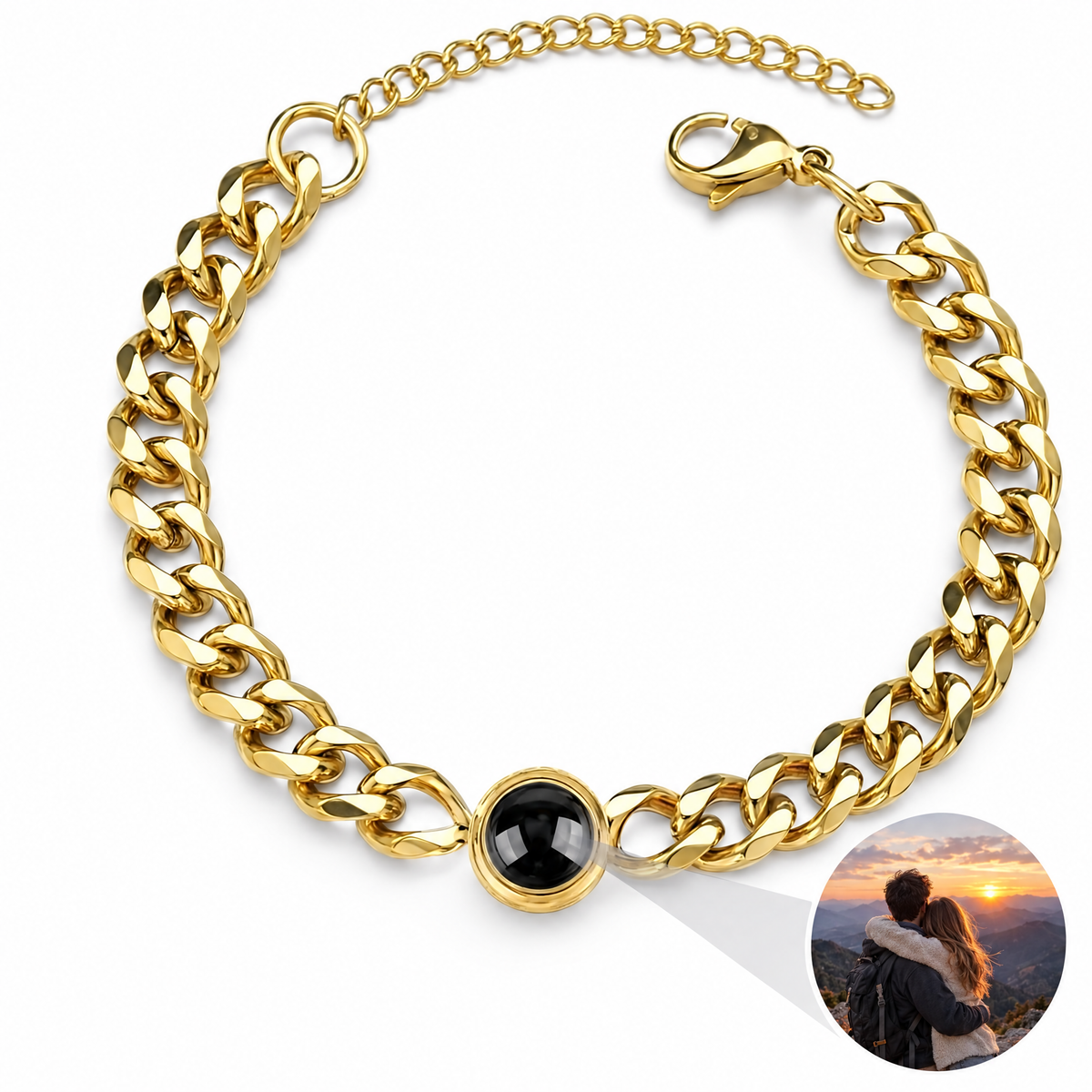 Pulsera de cadena cubana dorada con la foto de una pareja dentro