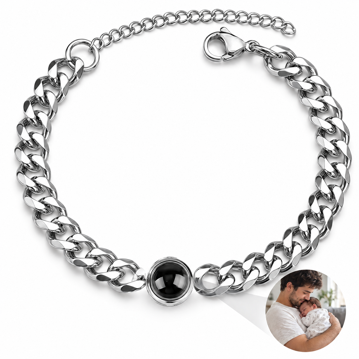 Pulsera de cadena cubana plateada con la foto de un padre y su bebé dentro